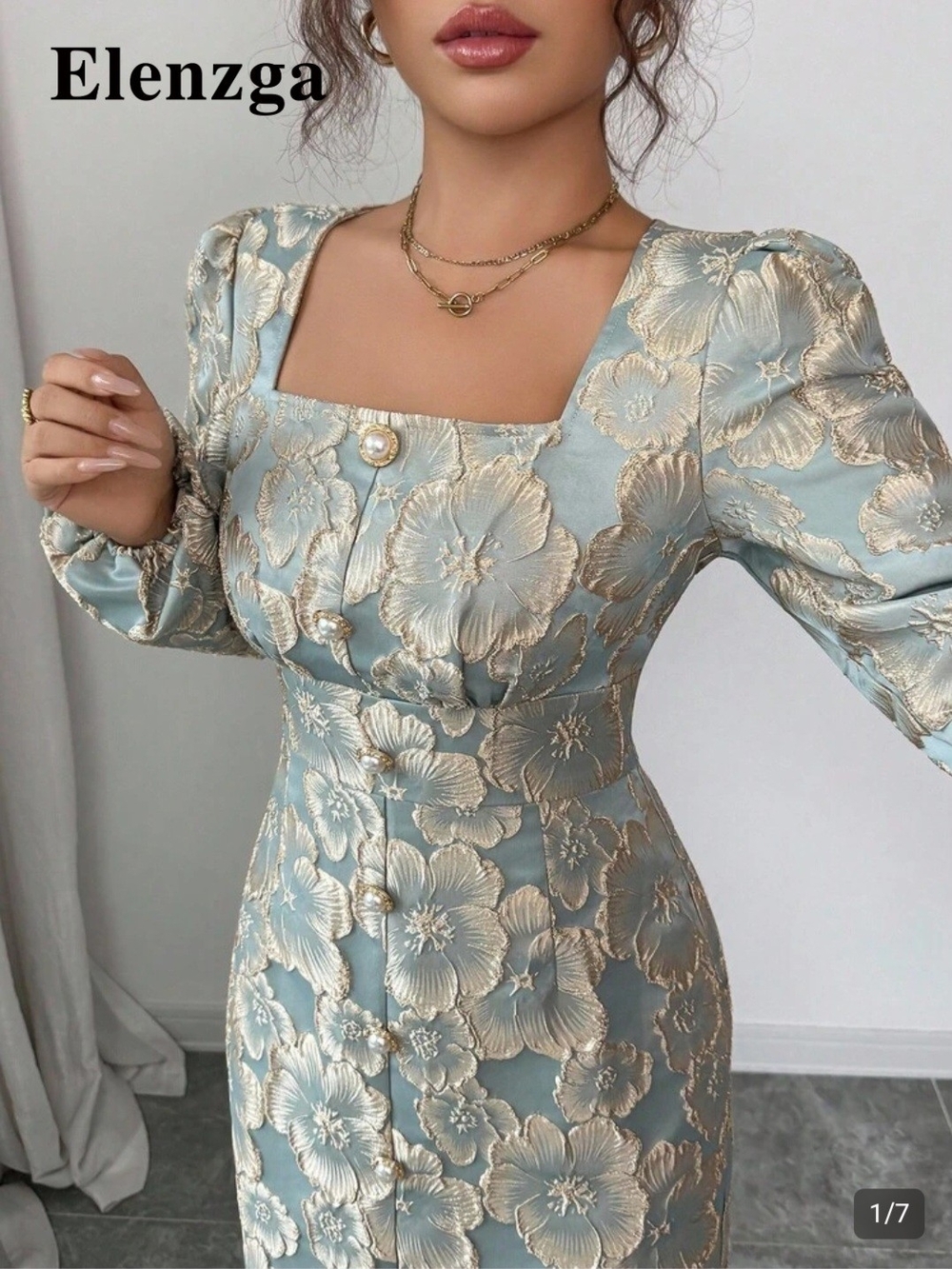 Women's Light Blue Floral Jacquard Square Neck Dress